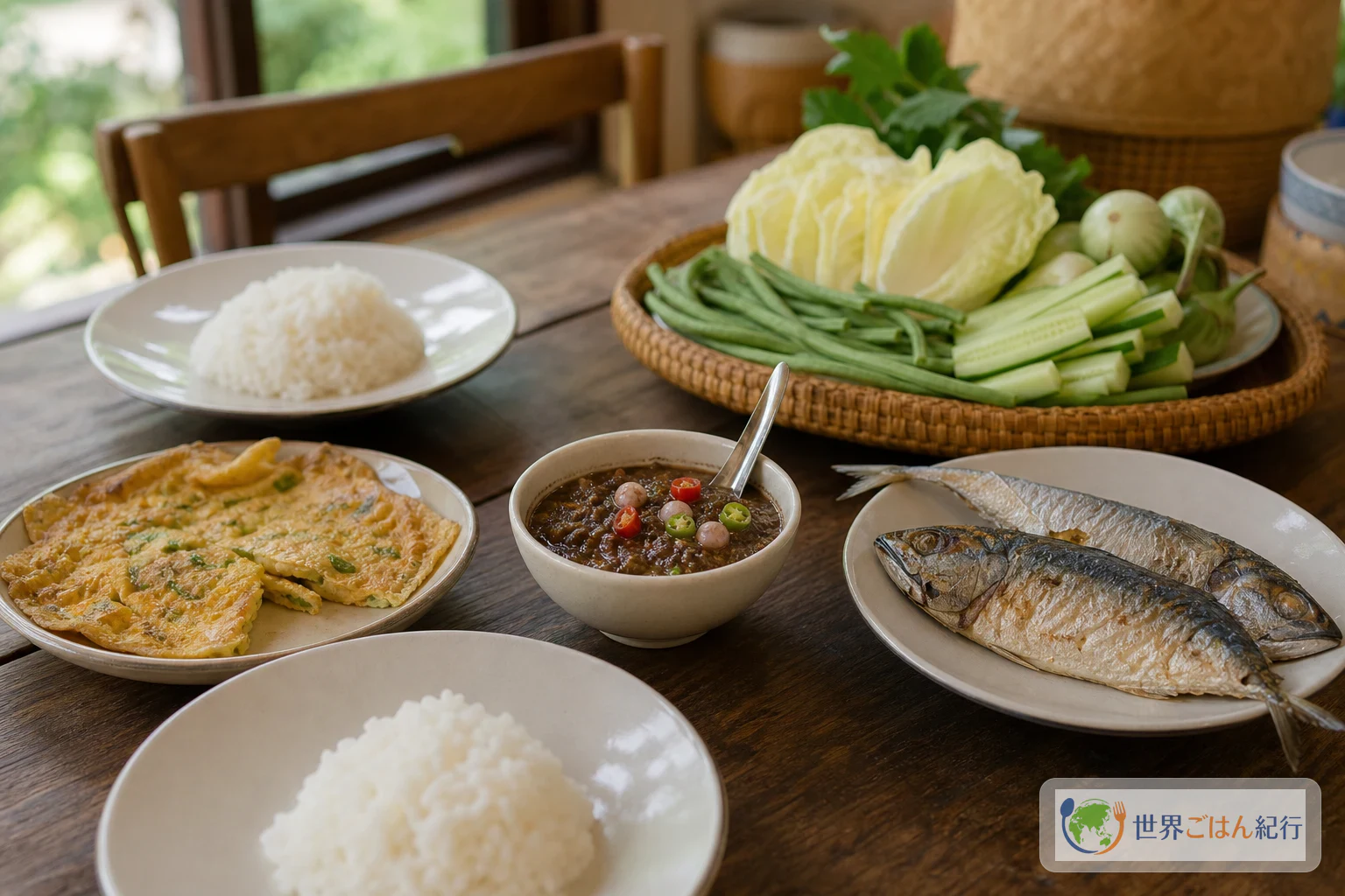 ナムプリック・カピと野菜、ジャスミンライス、焼き魚を囲むタイの食卓