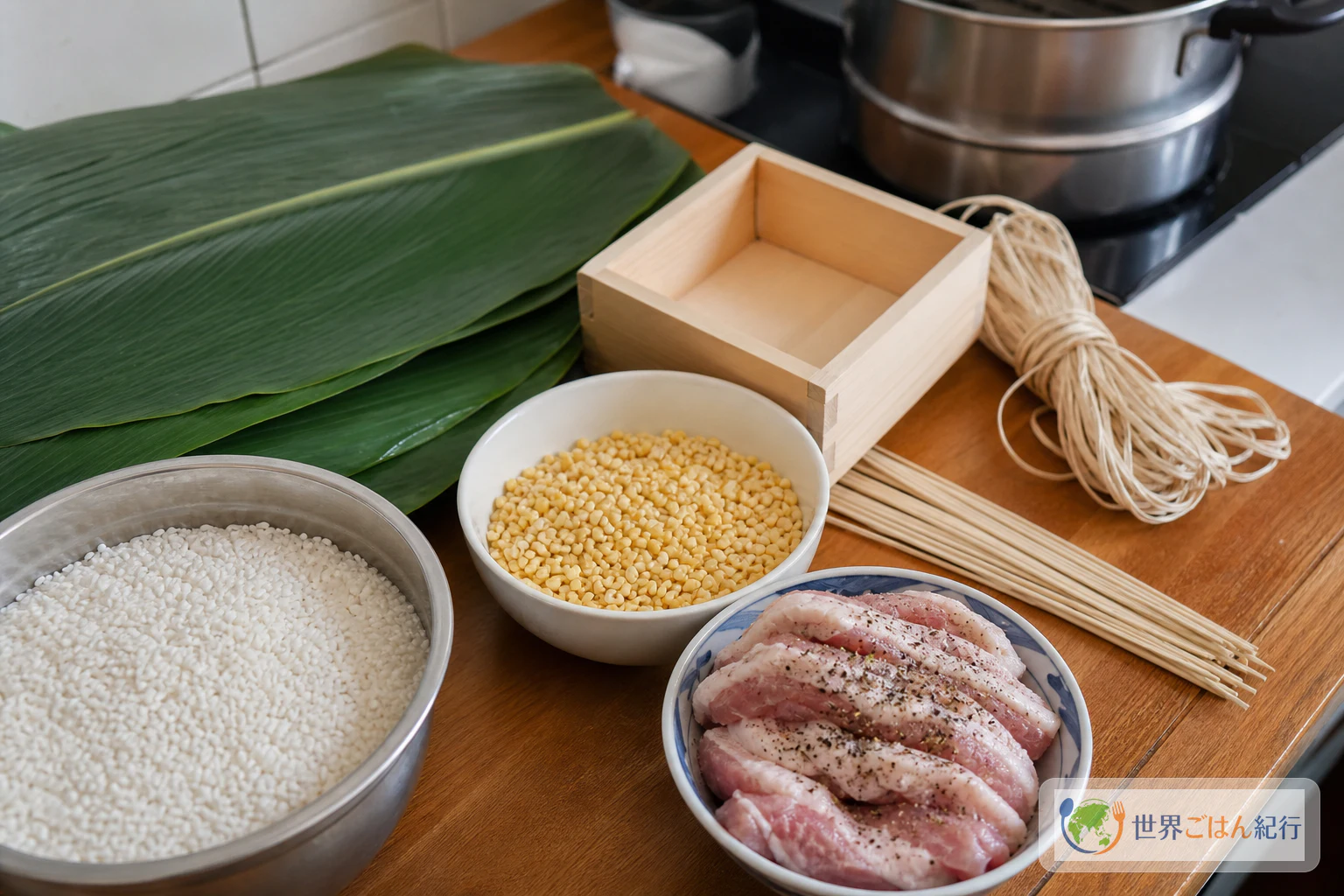 バインチュン用のもち米、緑豆、下味を付けた豚肉、バナナ葉、角型、ひも、蒸し器を台所に並べた材料