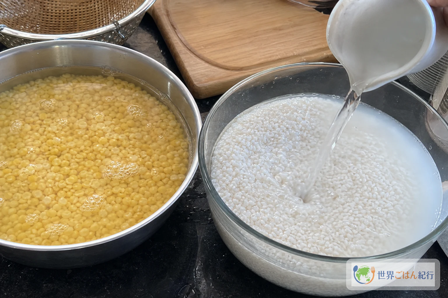 手順1: 米と緑豆を戻す