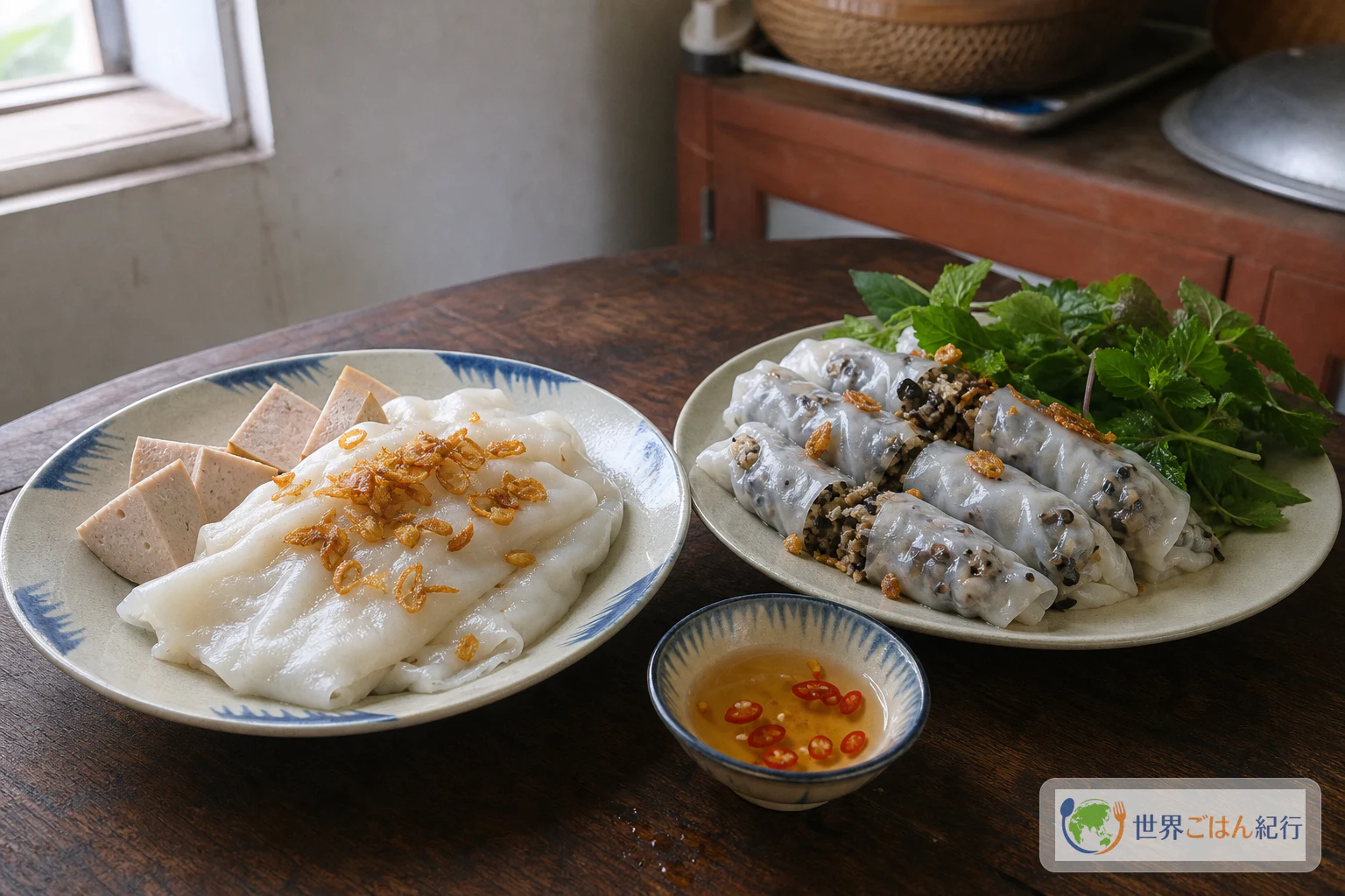 具なしの薄皮に揚げネギをのせたThanh Trì風と、豚肉餡を包んだバインクオンを並べた比較皿