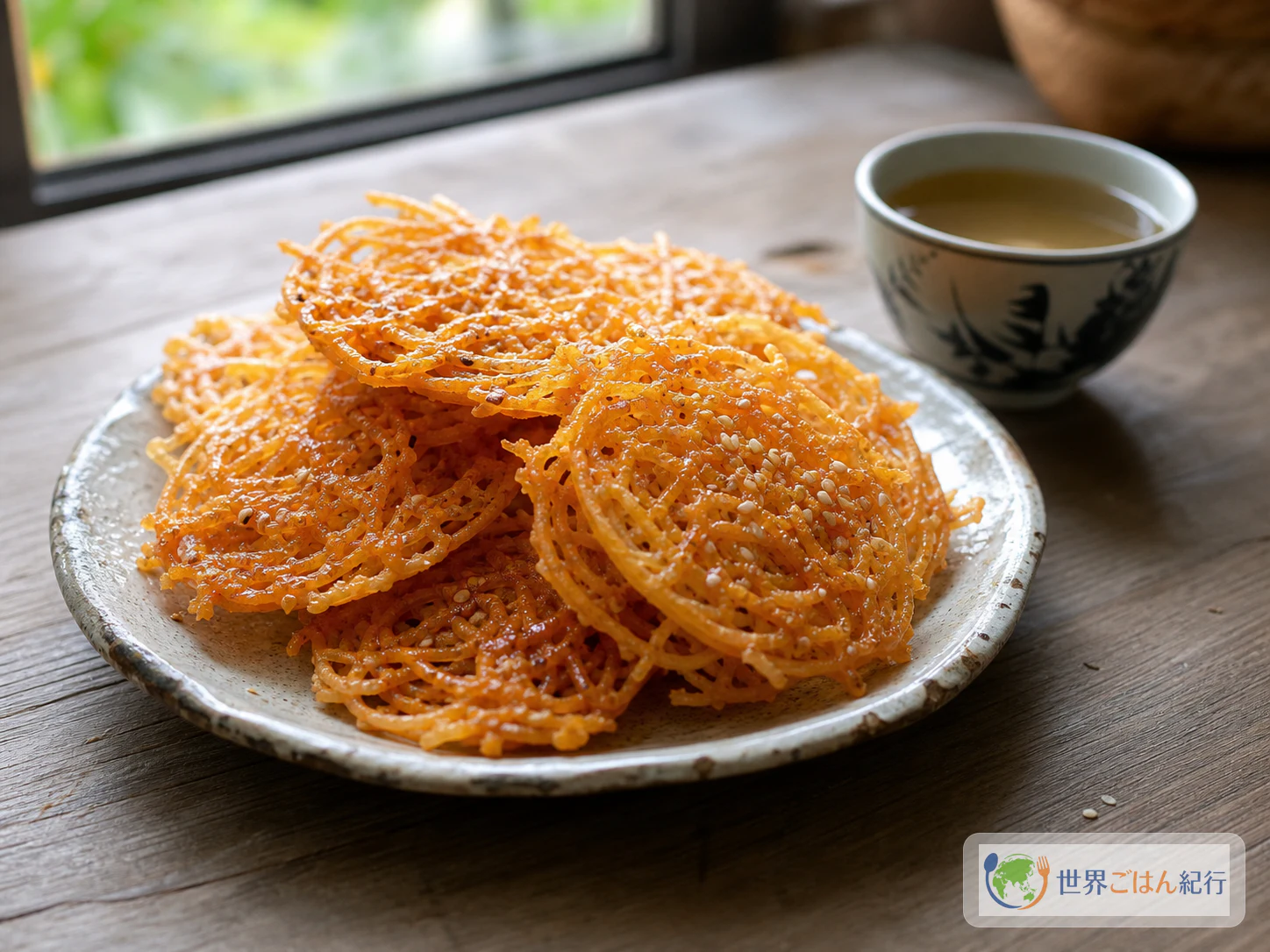 ベトナム南部のバインレー。さつまいもを細い網目状に揚げ、茶と一緒に皿へ盛った甘い揚げ菓子