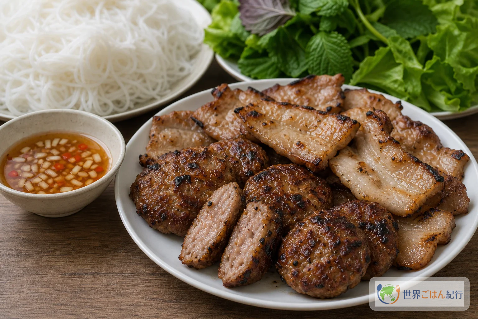 よい焼き色の豚肉と、薄すぎる焼き色を比べながらヌクチャムを調整する様子