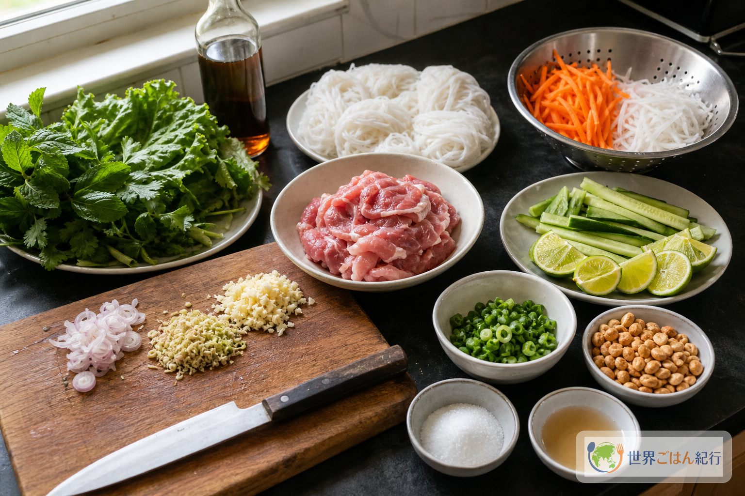 豚肉、米麺、香草、きゅうり、甘酢野菜、レモングラス、ナンプラーを並べたブンティットヌンの材料