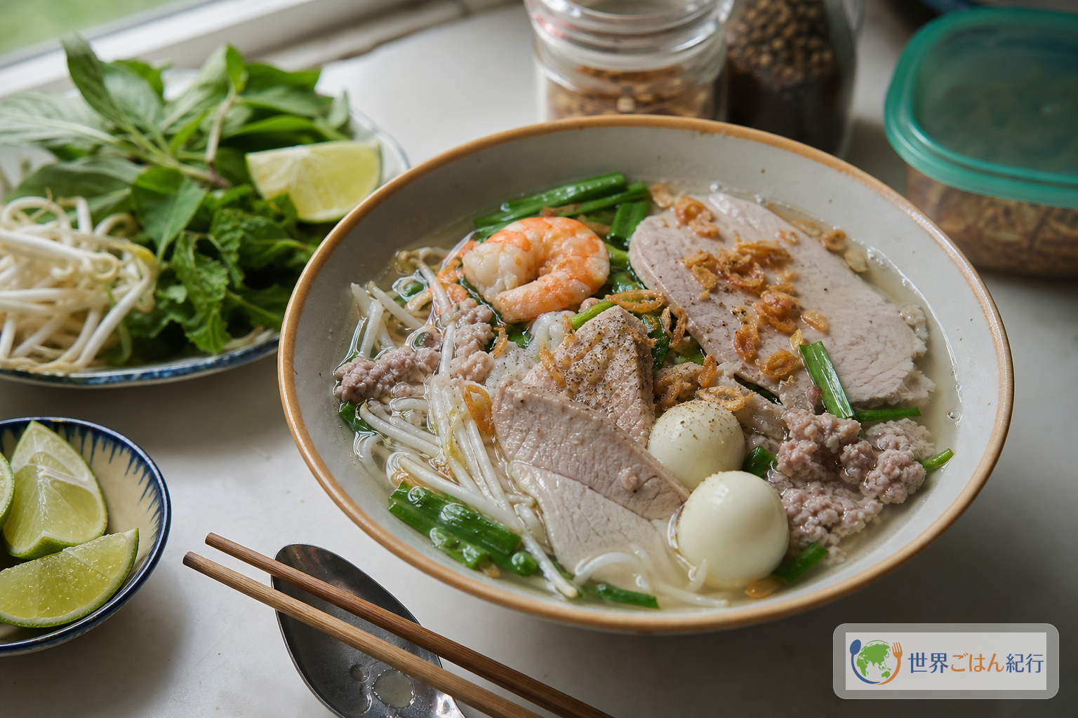 ベトナム南部のフーティウ。澄んだスープに米麺、豚肉、えび、うずら卵、香草をのせた麺料理